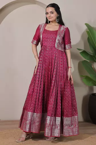 Wine zari weaving ethnic fit and flare weaving gown for women
