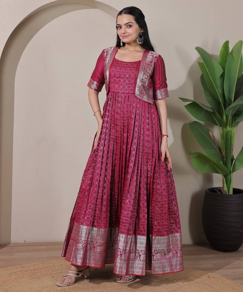 Wine zari weaving ethnic fit and flare weaving gown for women