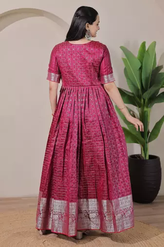 Wine zari weaving ethnic fit and flare weaving gown for women
