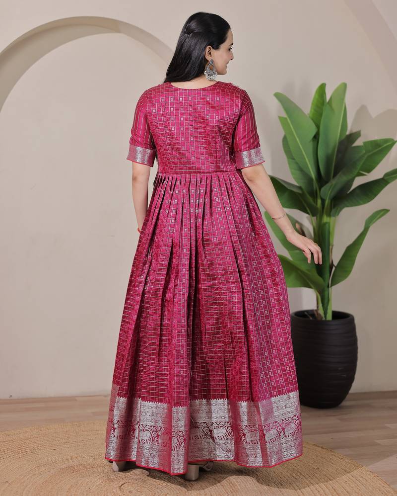 Wine zari weaving ethnic fit and flare weaving gown for women