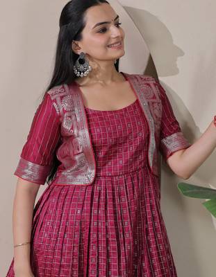 Wine zari weaving ethnic fit and flare weaving gown for women 4