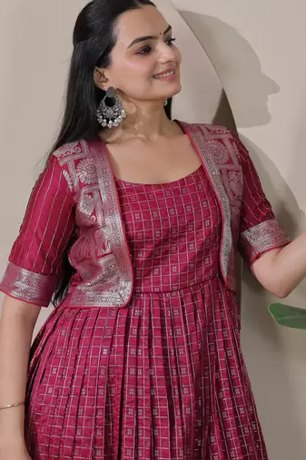 Wine zari weaving ethnic fit and flare weaving gown for women