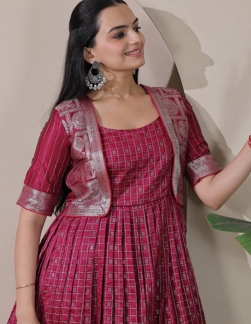 Wine zari weaving ethnic fit and flare weaving gown for women