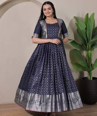 Blue zari weaving ethnic fit and flare weaving gown for women 1