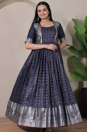 Blue zari weaving ethnic fit and flare weaving gown for women