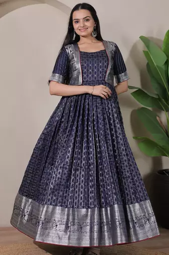 Blue zari weaving ethnic fit and flare weaving gown for women