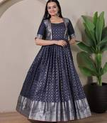 Blue zari weaving ethnic fit and flare weaving gown for women