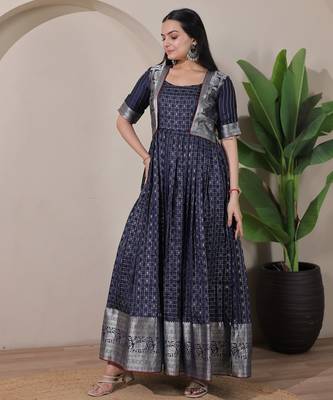 Blue zari weaving ethnic fit and flare weaving gown for women 2