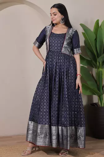 Blue zari weaving ethnic fit and flare weaving gown for women