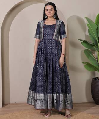 Blue zari weaving ethnic fit and flare weaving gown for women 3