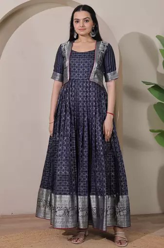 Blue zari weaving ethnic fit and flare weaving gown for women