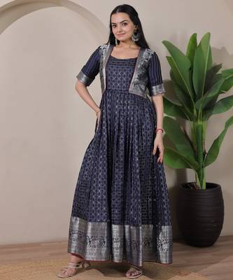 Blue zari weaving ethnic fit and flare weaving gown for women 4