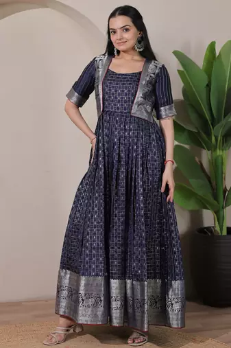 Blue zari weaving ethnic fit and flare weaving gown for women
