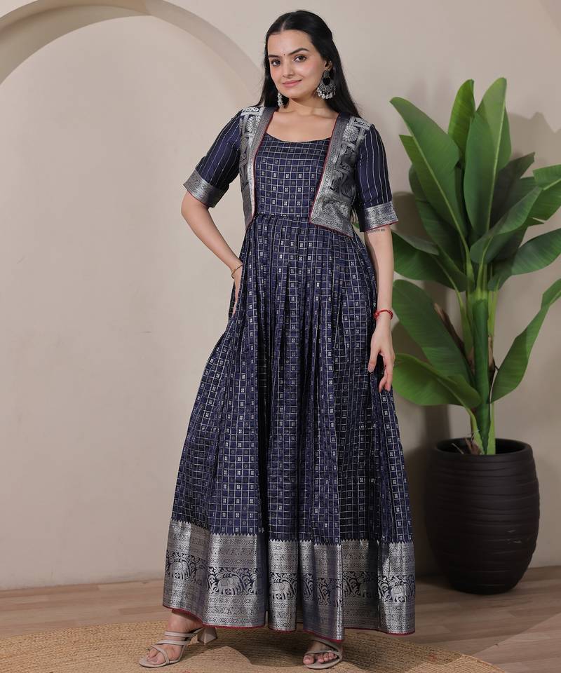 Blue zari weaving ethnic fit and flare weaving gown for women