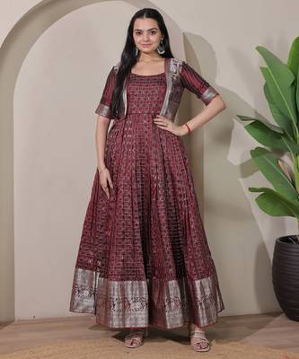 Maroon zari weaving ethnic fit and flare weaving gown for women 1