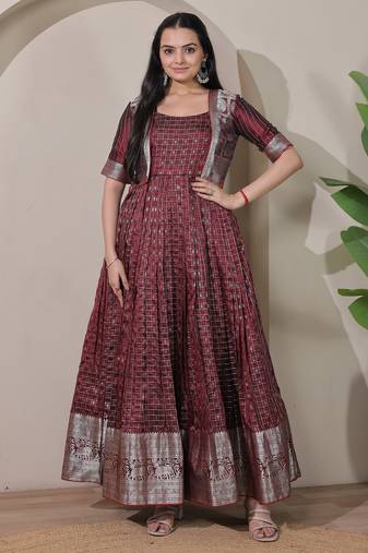 Maroon zari weaving ethnic fit and flare weaving gown for women