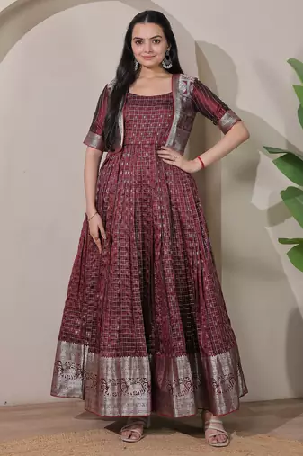 Maroon zari weaving ethnic fit and flare weaving gown for women