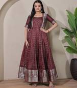 Maroon zari weaving ethnic fit and flare weaving gown for women