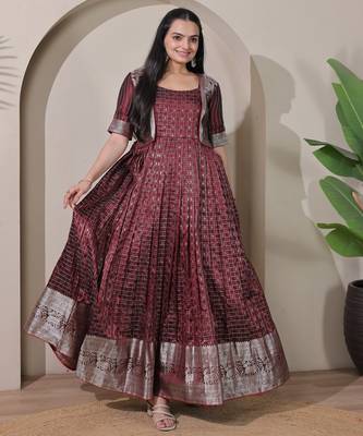 Maroon zari weaving ethnic fit and flare weaving gown for women 2