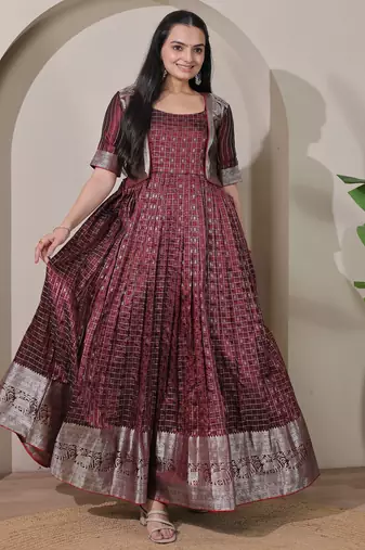 Maroon zari weaving ethnic fit and flare weaving gown for women