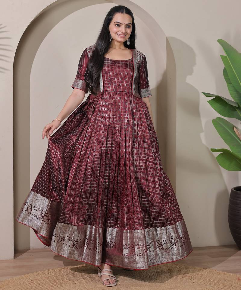 Maroon zari weaving ethnic fit and flare weaving gown for women