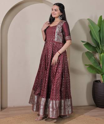Maroon zari weaving ethnic fit and flare weaving gown for women 3
