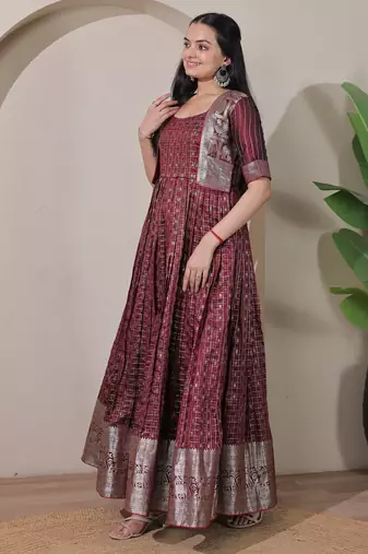 Maroon zari weaving ethnic fit and flare weaving gown for women