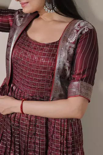 Maroon zari weaving ethnic fit and flare weaving gown for women