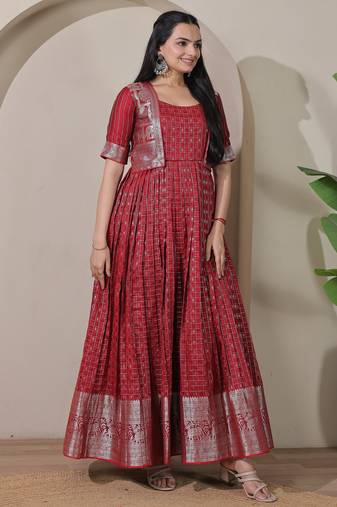 Pink zari weaving ethnic fit and flare weaving gown for women