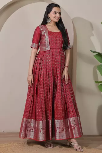 Pink zari weaving ethnic fit and flare weaving gown for women
