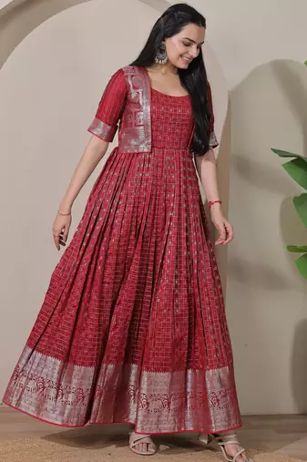 Pink zari weaving ethnic fit and flare weaving gown for women