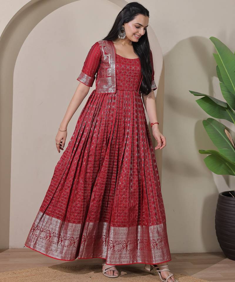 Pink zari weaving ethnic fit and flare weaving gown for women