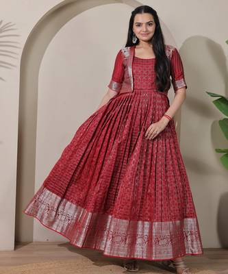 Pink zari weaving ethnic fit and flare weaving gown for women 3