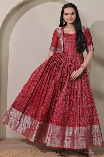 Pink zari weaving ethnic fit and flare weaving gown for women