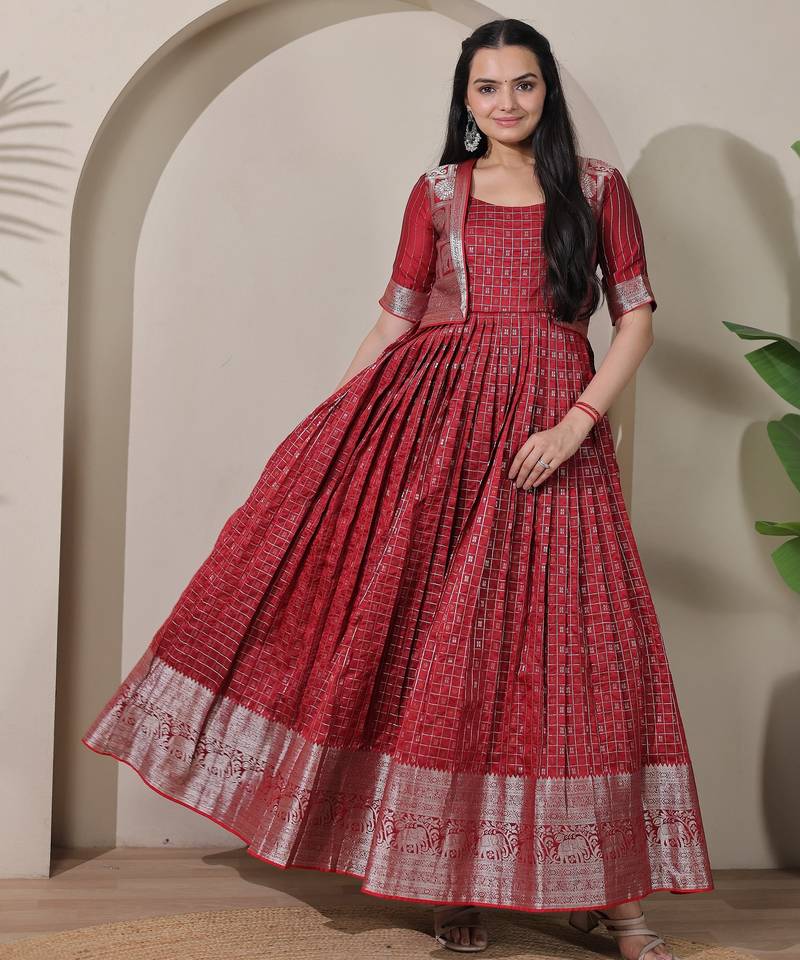Pink zari weaving ethnic fit and flare weaving gown for women