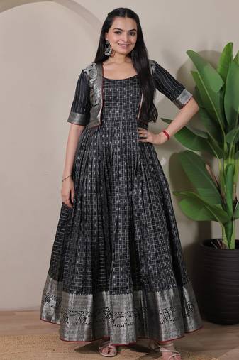 Black zari weaving ethnic fit and flare weaving gown for women