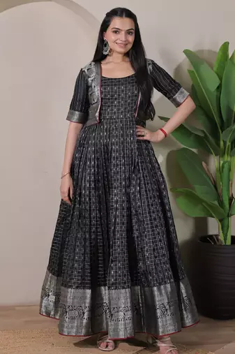 Black zari weaving ethnic fit and flare weaving gown for women