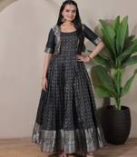 Black zari weaving ethnic fit and flare weaving gown for women