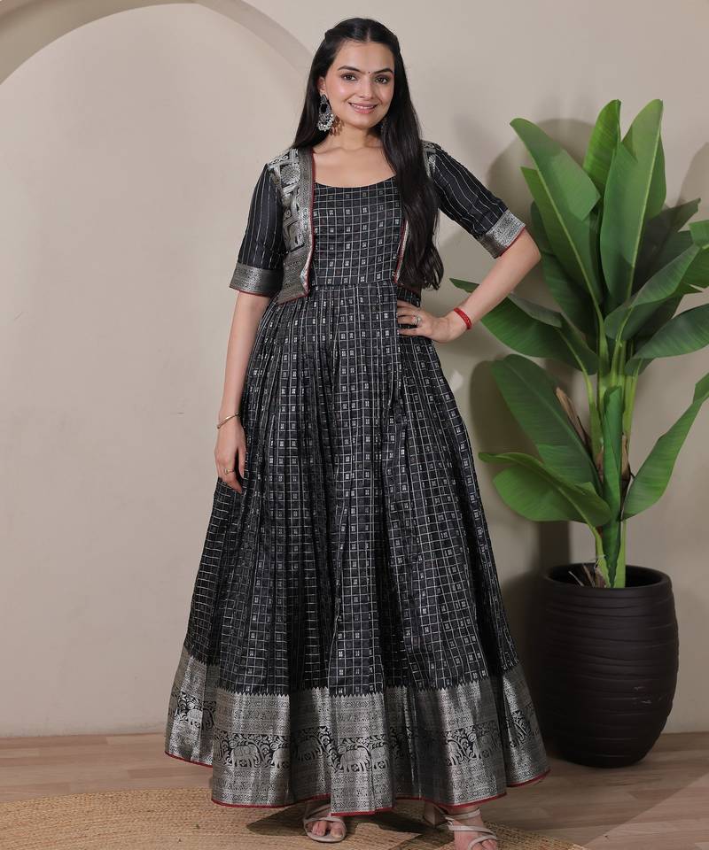 Black zari weaving ethnic fit and flare weaving gown for women