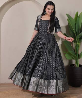 Black zari weaving ethnic fit and flare weaving gown for women 2