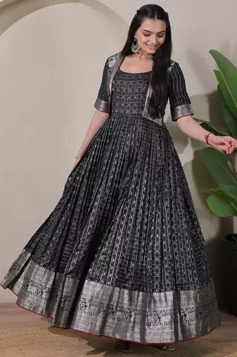 Black zari weaving ethnic fit and flare weaving gown for women