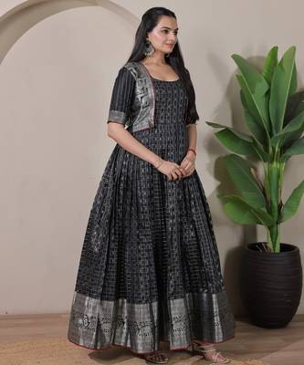 Black zari weaving ethnic fit and flare weaving gown for women 3