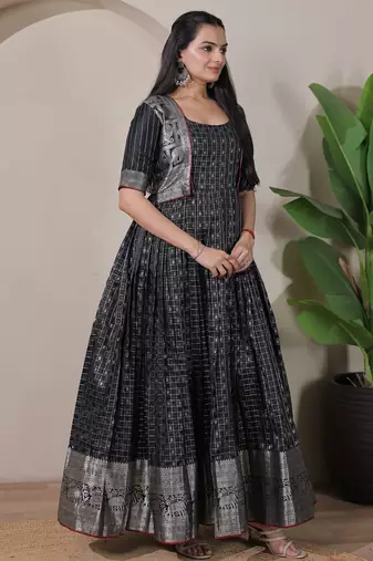Black zari weaving ethnic fit and flare weaving gown for women