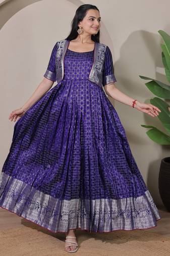 Violet zari weaving ethnic fit and flare weaving gown for women