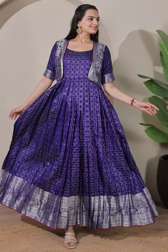 Violet zari weaving ethnic fit and flare weaving gown for women