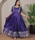 Violet zari weaving ethnic fit and flare weaving gown for women