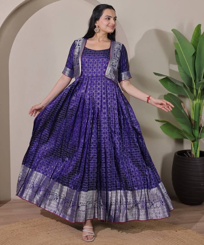 Violet zari weaving ethnic fit and flare weaving gown for women