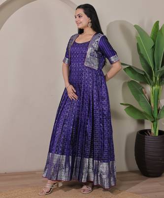 Violet zari weaving ethnic fit and flare weaving gown for women 2
