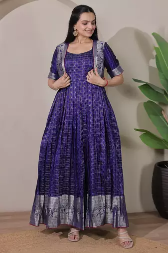 Violet zari weaving ethnic fit and flare weaving gown for women