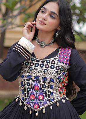 Black rayon gota patti lace work navratri layered koti styled fusion gown 2